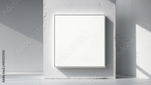3D rendering of a hanging white wall sign, square billboard, signboard on a gray background 