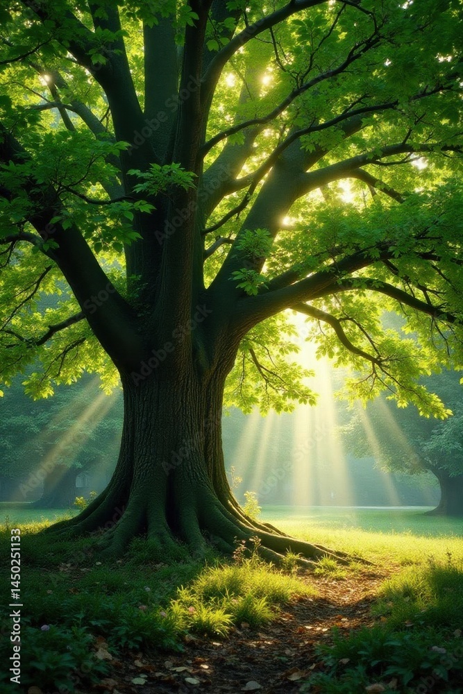 Naklejka premium Majestic beech, sunlit canopy, rays pierce leaves, forest, spring, light