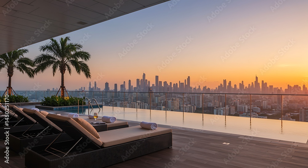 Fototapeta premium Rooftop Infinity Pool with City View at Sunset