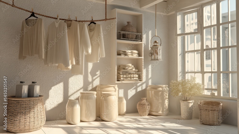 custom made wallpaper toronto digitalSunlit Laundry Room Interior Design White Clothes Drying Rustic Decor