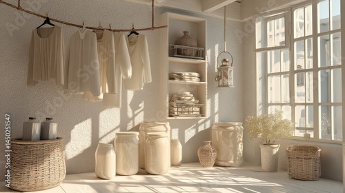 Wallpaper Mural Sunlit Laundry Room Interior Design White Clothes Drying Rustic Decor Torontodigital.ca