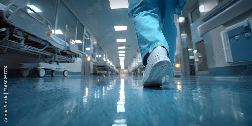 Obraz premium Medical professional in blue scrubs walks down a bright hospital corridor, polished floor reflecting empty beds. Shallow depth blurs the background. 
