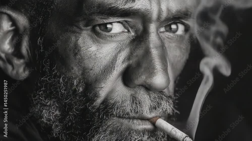 Close-up black and white portrait of a man smoking a cigarette.  Intense gaze, mature face with a substantial beard and mustache.  Smoke billowing from the cigarette