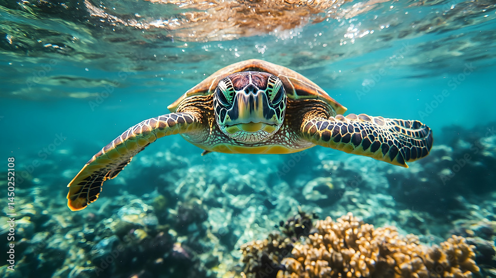 Fototapeta premium Underwater view of a sea turtle amidst coral reefs.