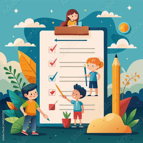 Kids Completing Checklist. Teamwork and Success in Education