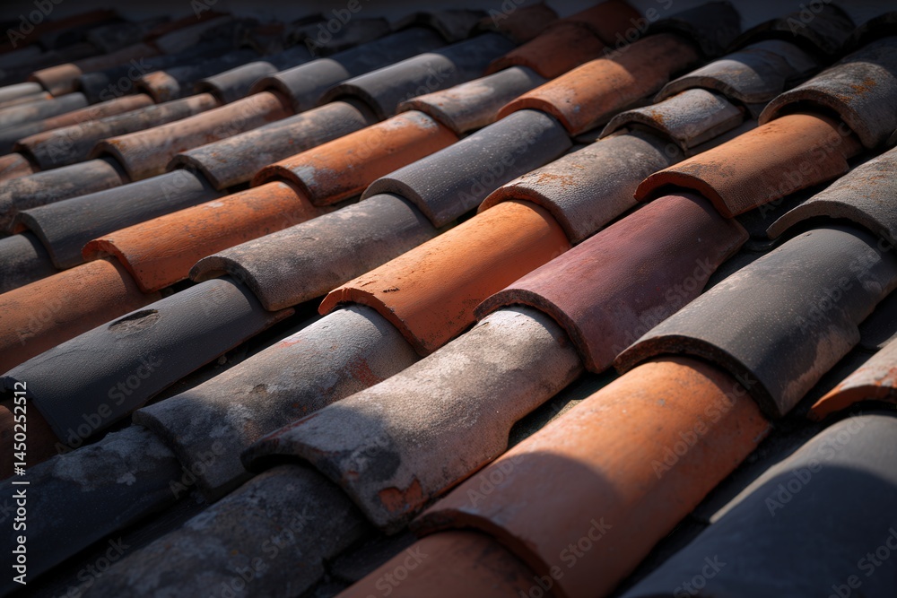 Close-up of weathered red and gray clay roof tiles with subtle shadows. Close-up of weathered red and gray clay roof tiles with subtle shadows.