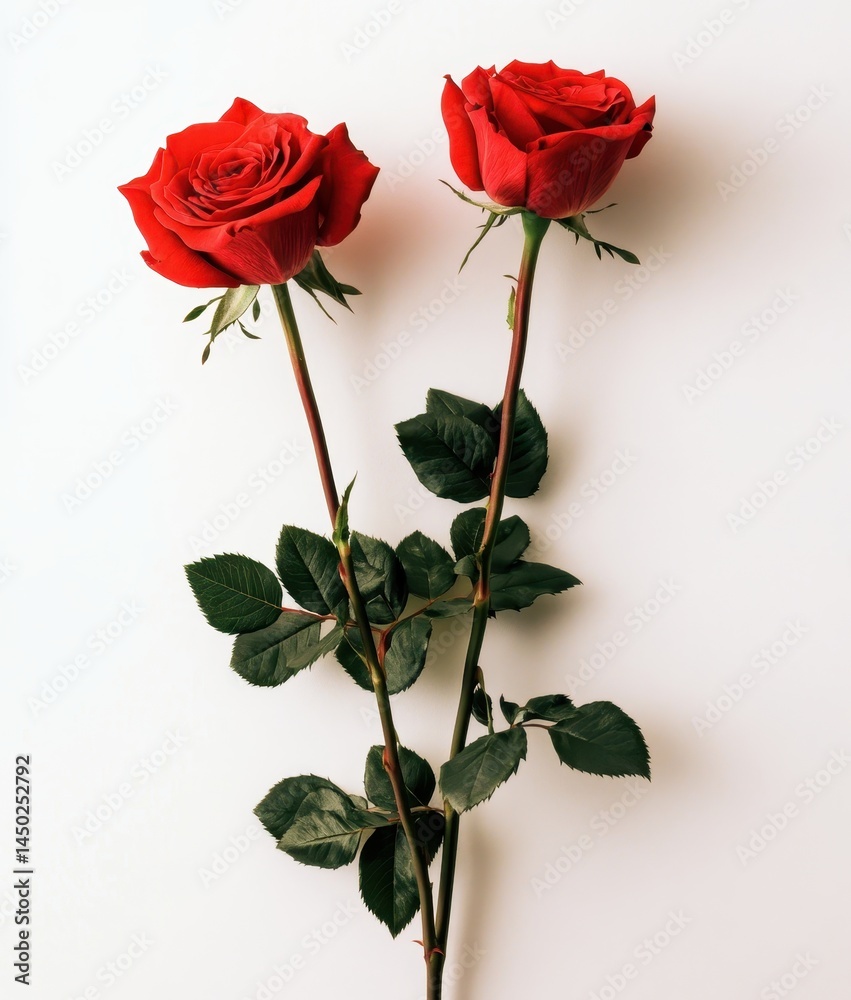 Obraz premium Two Elegant Red Roses with Green Leaves Displayed Against a Simple White Background for Fresh Floral Aesthetic in Various Design Applications