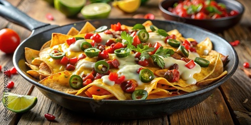 Sizzling nachos in a hot pan, melted cheese and savory toppings, flavorful Tex-Mex delight