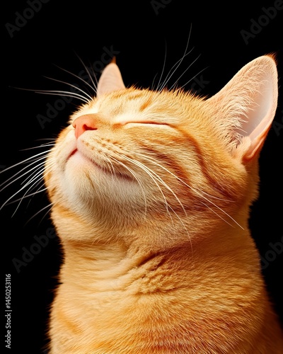 A close-up portrait of a ginger cat with eyes closed, looking up