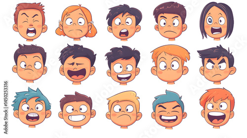 A diverse collection of cartoon faces expressing various emotions, showcasing joy, anger, surprise, and more.