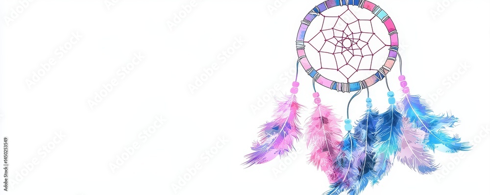 Obraz premium A colorful dreamcatcher with vibrant feathers hangs on a white background, symbolizing protection and positive dreams.