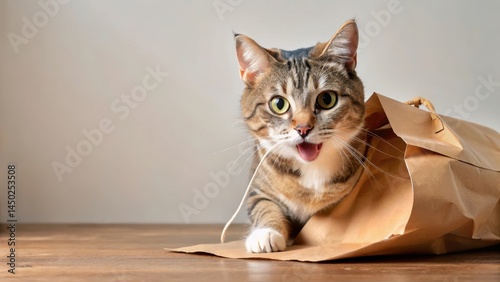 Feline mischief with torn bag, pet behavior, cat bite shopping bag mouth