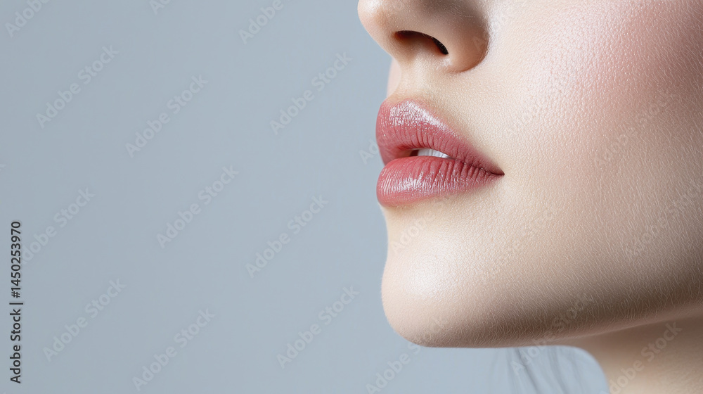 Fototapeta premium Close up of woman lips showcasing natural and soft makeup look, highlighting beauty and elegance