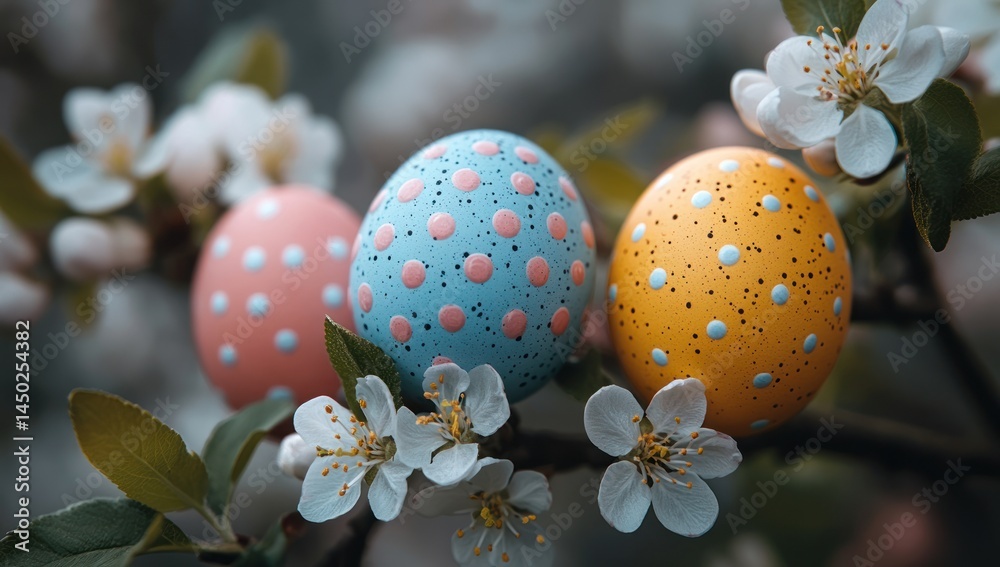 Fototapeta premium Three easter eggs with polka dots among white blossoms on a branch.