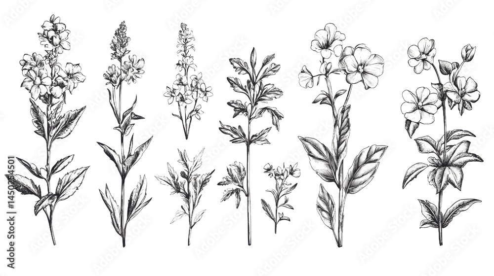 custom made wallpaper toronto digitalA beautifully illustrated collection of various wildflowers in black and white, showcasing their intricate details and natural beauty.