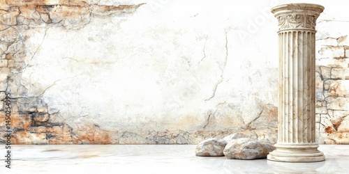 Ancient stone column and weathered wall with rocks, evoking a classical architectural style.