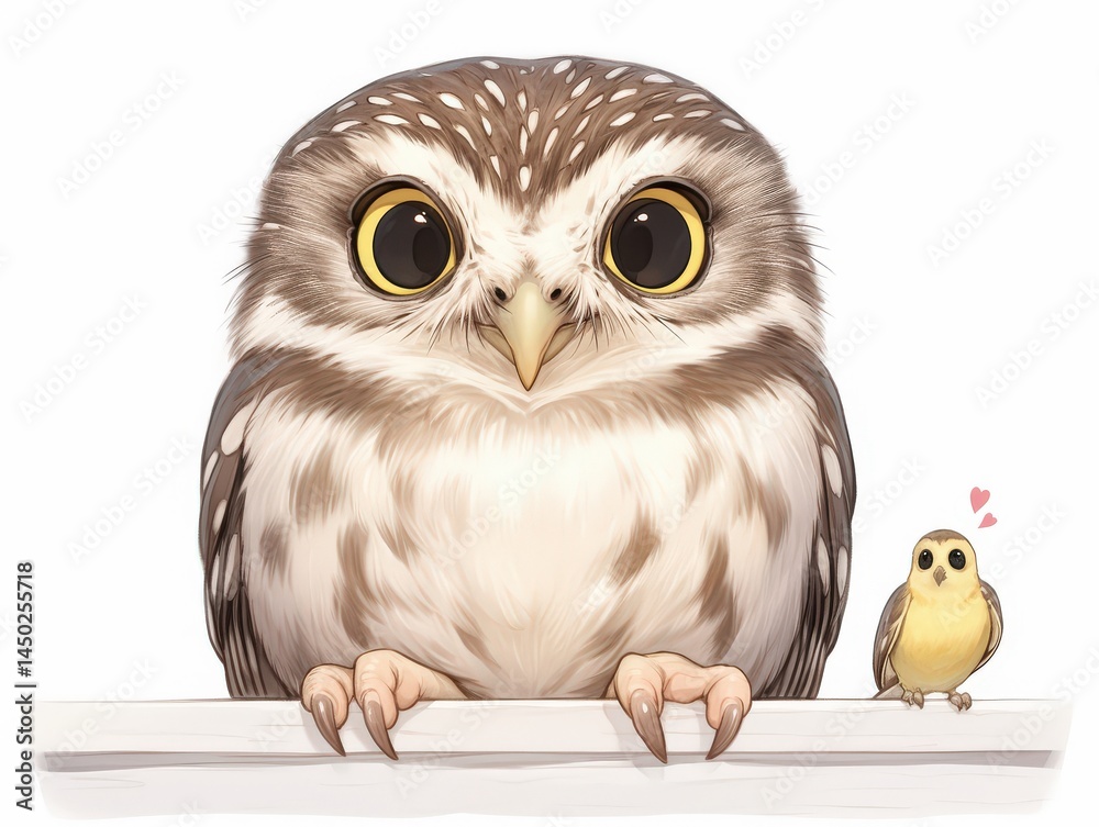 Naklejka premium Adorable owl perched with big eyes and little one. Hearts above little friend