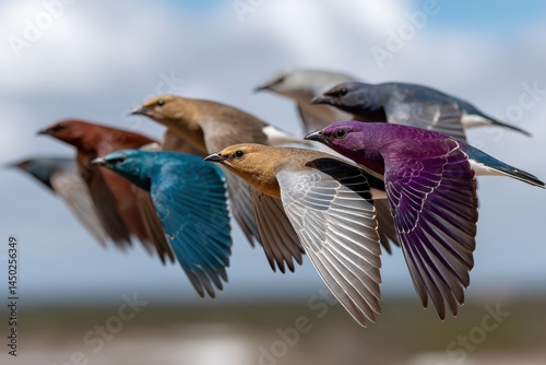 A captivating image of various birds in mid-air, displaying a broad spectrum of colors that symbolize freedom, nature’s beauty, and joyful movement against a vivid sky background. photo