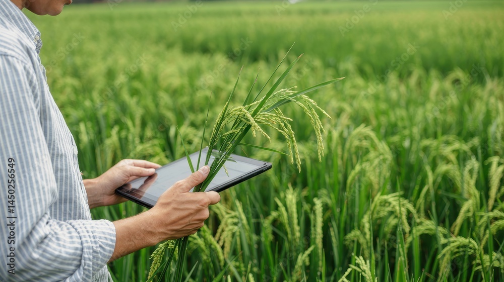 A person using a tablet in a paddy field examining rice plants. A person using a tablet in a paddy field examining rice plants.