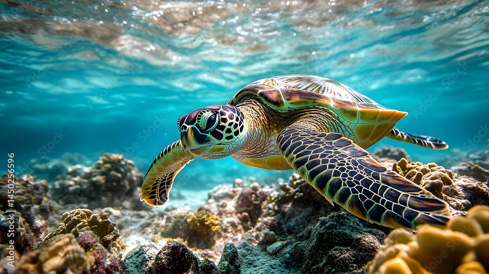 Fototapeta premium Underwater view of a sea turtle amongst coral reef.