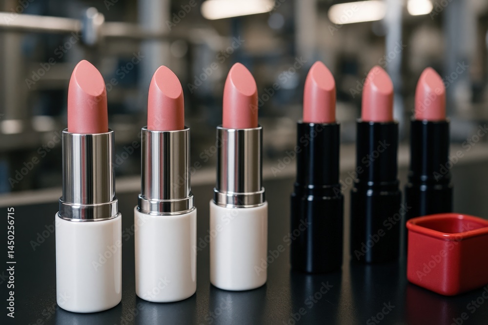 Lipstick Production Line Close-up shot of various lipsticks on a production line, focusing on color variation and the manufacturing process Lipstick Production Line Close-up shot of various lipsticks on a production line, focusing on color variation and the manufacturing process