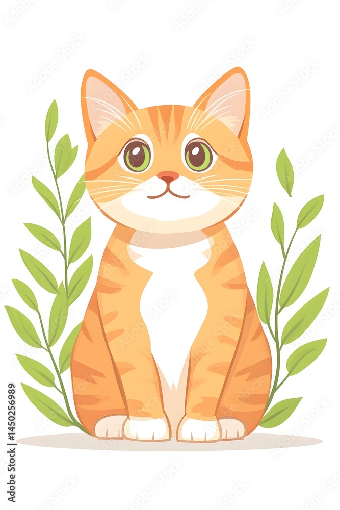 Fototapeta premium An adorable orange tabby kitten sits serenely amidst green foliage