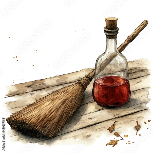 Halloween Broomstick And Potion Bottle, watercolor vector, isolated on a white background.
