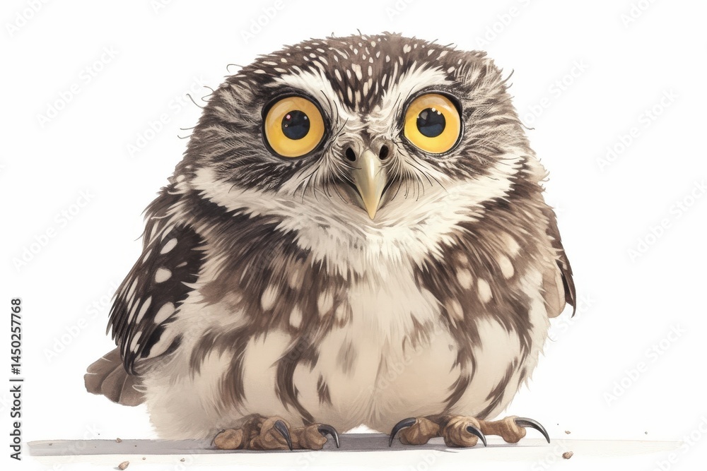 Fototapeta premium Adorable owl with bright yellow eyes and fluffy brown and white feathers