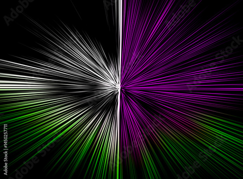 Abstract radial zoom blur background with dynamic converging lines in black, white, green, and purple tones. Energetic burst effect creating a sense of motion. Futuristic and vibrant digital art  