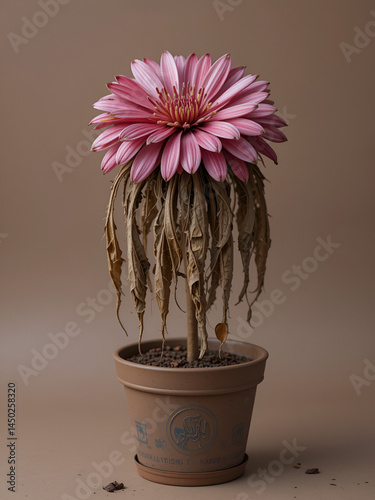 Neglected dying  wilted flower with hanging dry leaves in pot on brown background
