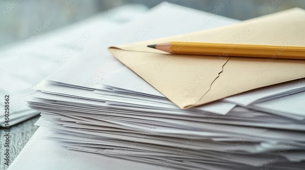 Stack of neatly arranged papers and envelopes with a yellow pencil on top, on a dark desk background Stack of neatly arranged papers and envelopes with a yellow pencil on top, on a dark desk background