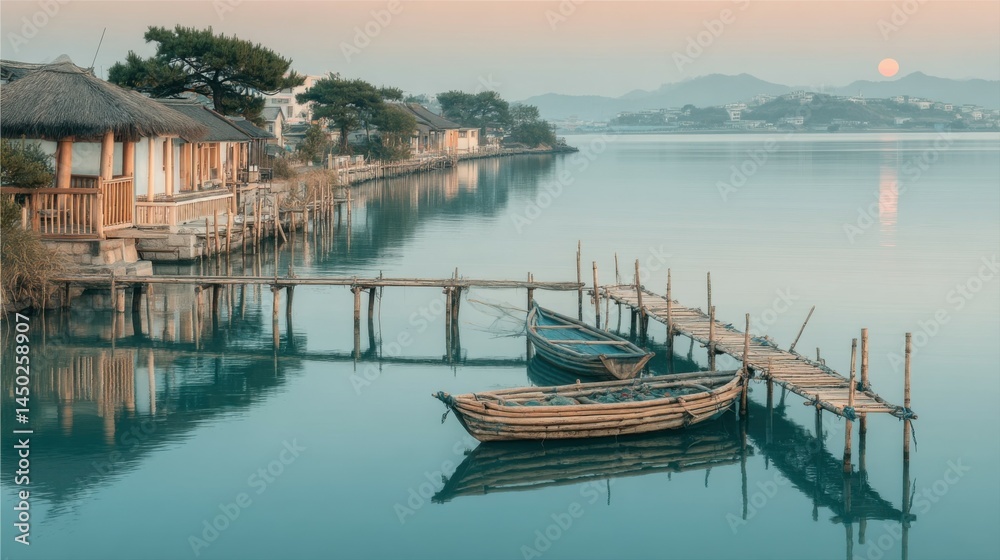 Serene Sunset over Tranquil Asian Village Waterfront Serene Sunset over Tranquil Asian Village Waterfront