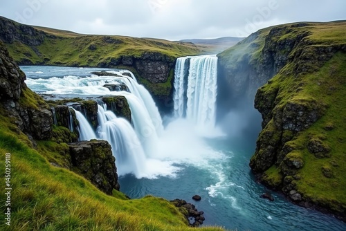 Majestic Kvernufoss cascading down mossy cliffs, majestic, south Iceland