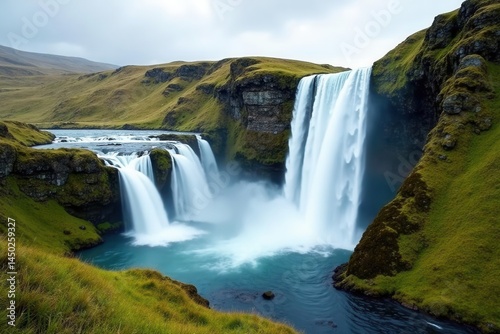 Majestic Kvernufoss cascading down mossy cliffs, path, fresh
