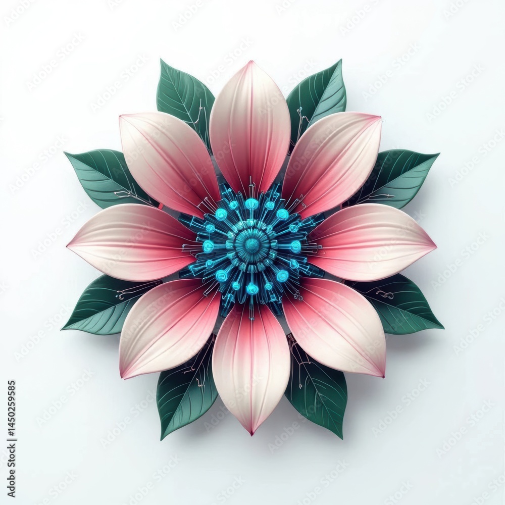 Fototapeta premium A symmetrical pink flower with green leaves and an intricate blue center, placed on a white background.