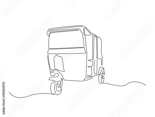 Continuous one line drawing of asian three-wheeled motor vehicle. Auto rikshaw outline illustration. Editable vector.
