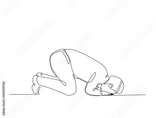 Continuous one line drawing of man with prostration gesture. Forgiveness and Gratitude person gesture outline illustration. Editable vector.