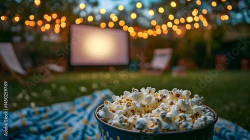 Close up of popcorn bucket with outdoor movie screen and string lights in the background at night