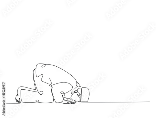 Continuous one line drawing of man with prostration gesture. Forgiveness and Gratitude person gesture outline illustration. Editable vector.
