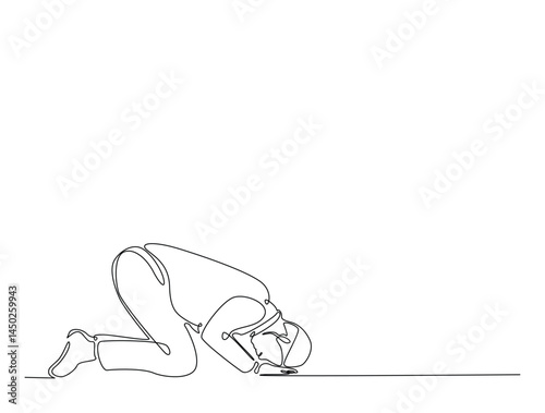Continuous one line drawing of man with prostration gesture. Forgiveness and Gratitude person gesture outline illustration. Editable vector.