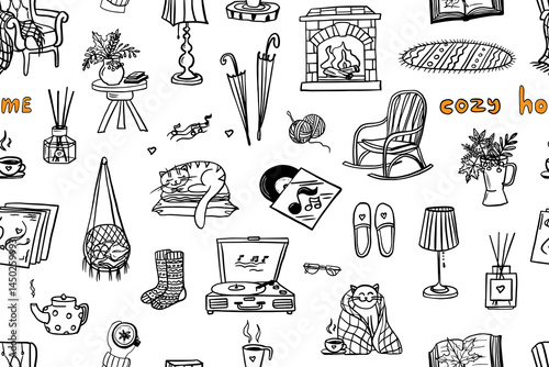 Cute seamless pattern of cozy home elements with lettering. Cozy autumn. Vector illustration in doodle style for design, greeting card, decoration, textile. Hand drawn. Isolated on white