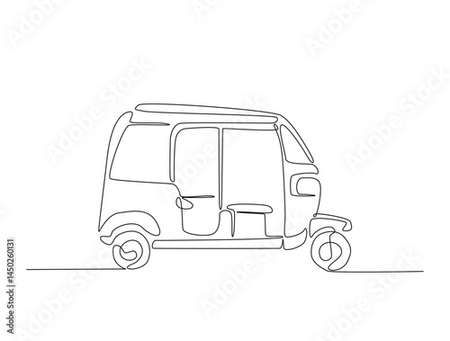 Continuous one line drawing of asian three-wheeled motor vehicle. Auto rikshaw outline illustration. Editable vector.