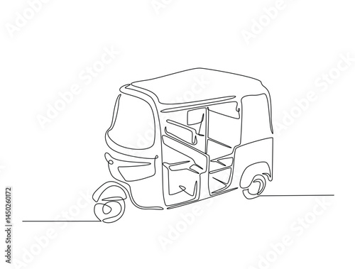 Continuous one line drawing of asian three-wheeled motor vehicle. Auto rikshaw outline illustration. Editable vector.