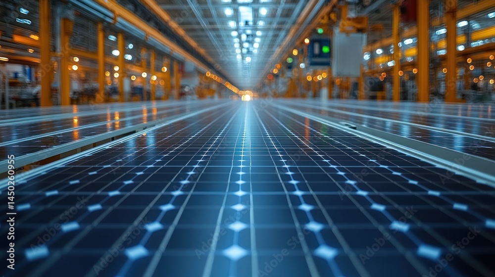 Obraz premium Solar panels stretch into the distance inside a large industrial building.