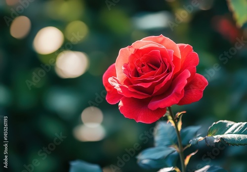 Vibrant Red Rose Blooming Against a Soft Focus Background of Green Foliage Capturing the Essence of Nature's Beauty and Romantic Elegance