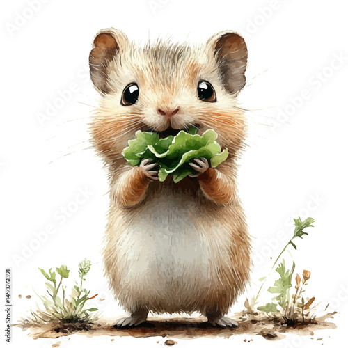 Guinea Pig Eating Lettuce, watercolor vector, isolated on a white background.