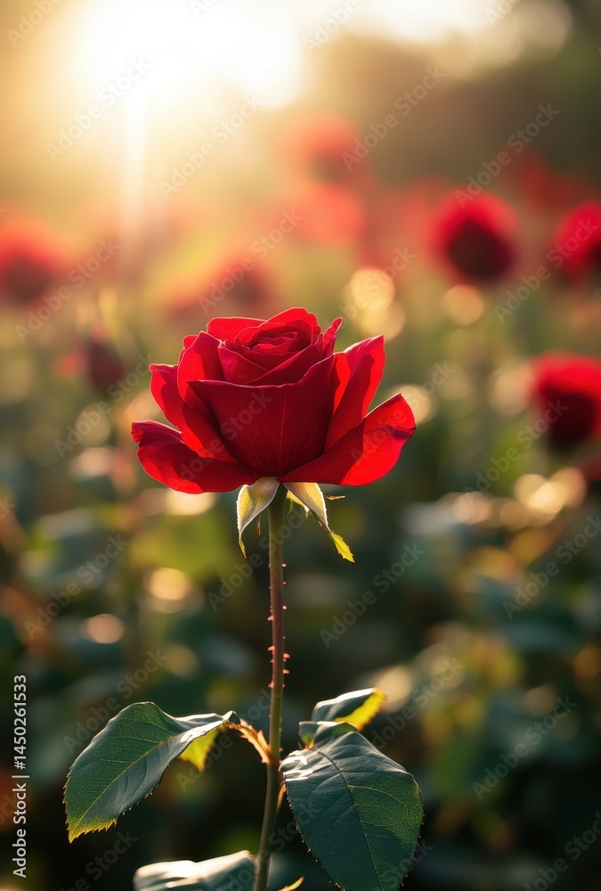 Obraz premium Vibrant Red Rose Surrounded by Blooming Green Foliage in a Sunlit Garden at Golden Hour with Soft Background Blurred by Gentle Light