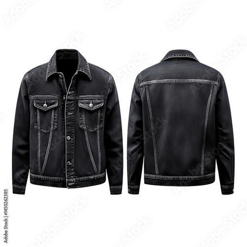 Two views of a stylish black denim jacket, highlighting the front and back designs. It has two chest pockets and buttoned closure. A timeless and versatile garment