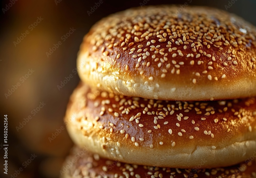 Close-up of three stacked sesame hamburger buns with golden-brown color and evenly sprinkled sesame seeds, blurred warm brown background. Close-up of three stacked sesame hamburger buns with golden-brown color and evenly sprinkled sesame seeds, blurred warm brown background.