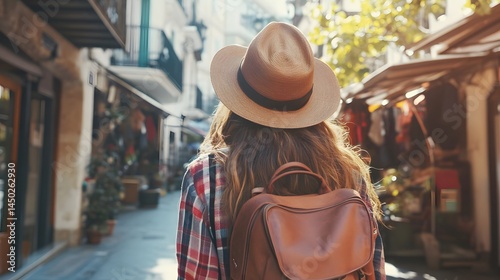 Woman with hat and backpack walking down a sunny street with shops on both sides in a european city